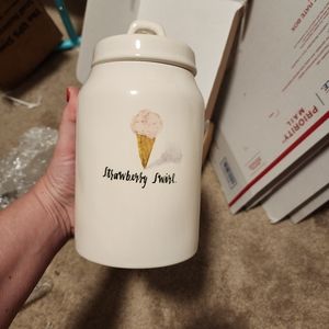 Rae Dunn Strawberry Swirl canister.
